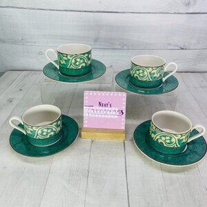 Misono PAVILLION 4856 Green Rim Tan Scroll Ceramic Oven Safe Cup Saucer Set of 4